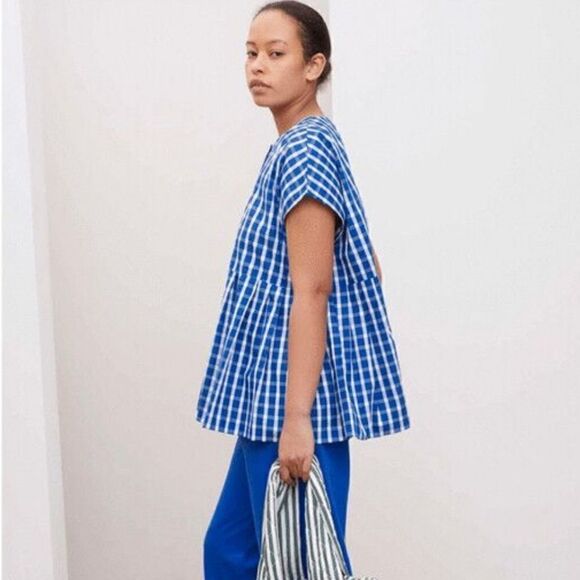 Kowtow Form Top Blue White Checkered Oversized Fit - Picture 4 of 9